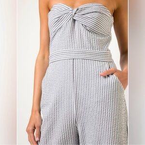 Veronica Beard Gray and White Striped Strapless Twist-Front Jumpsuit